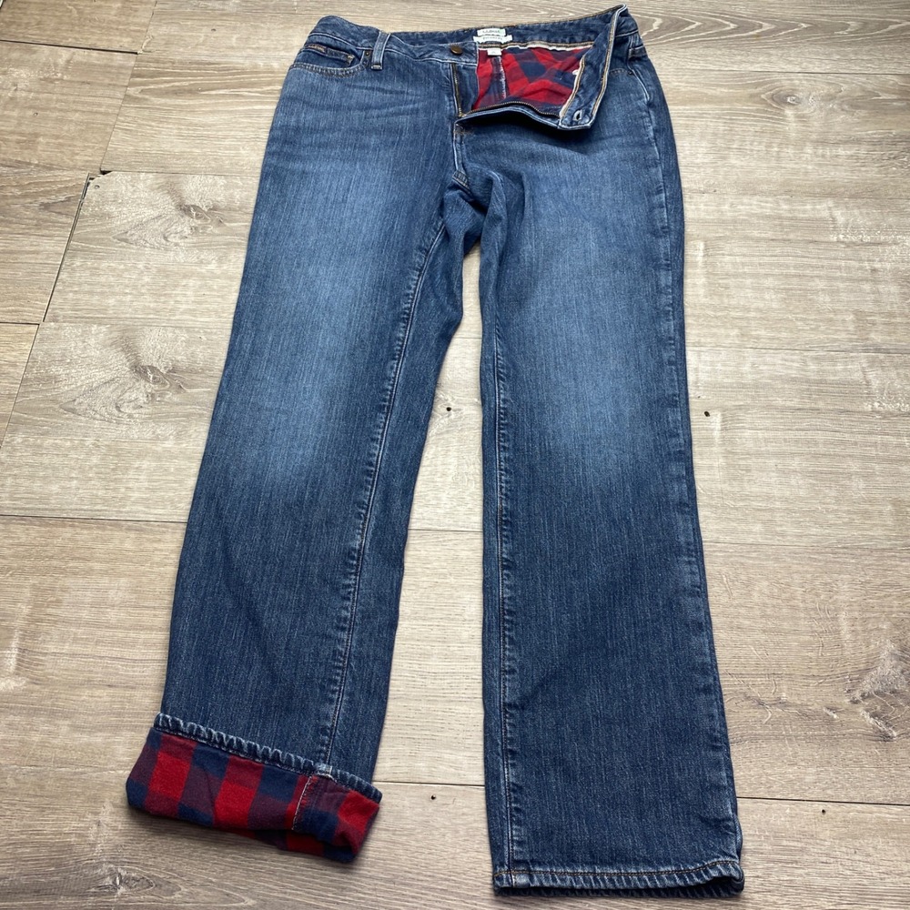 L.L. Bean Favorite Fit Flannel Lined Jeans Womens 10 Reg Blue Denim‎ Plaid